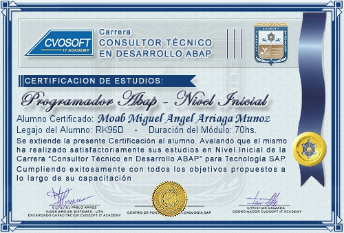 Certificación de estudios en Carrera Consultor ABAP Nivel Inicial